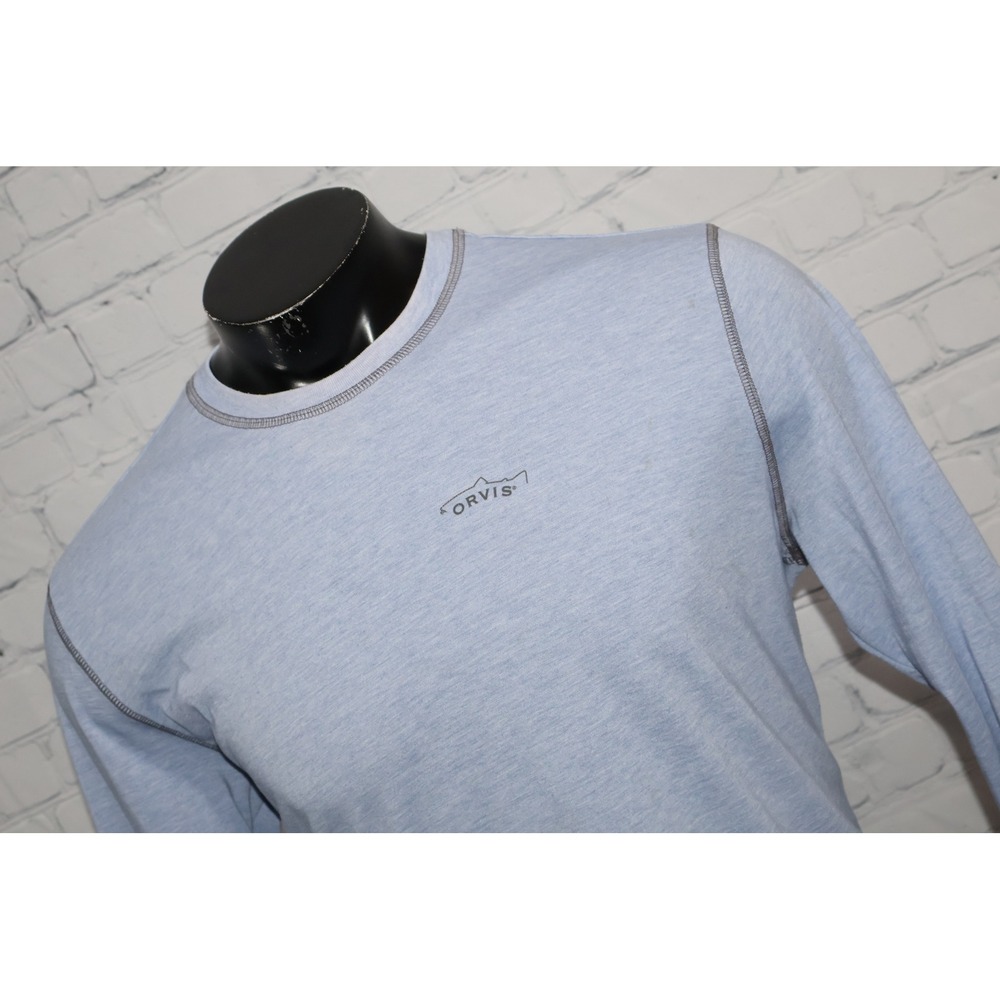 Orvis Trout Bum Men Large Blue Long Sleeve Crew Neck Tee Shirt Polyester Blend *